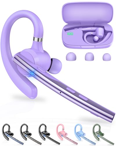 New Bee Bluetooth Headset V5.1 72H Talk Dual Mic with Mute Button for Business, Wireless Hand-Free Bluetooth Earpiece with 500mAh Charging Case for Cell Phone Calls Trucker Driver - color: Purple, style: M54