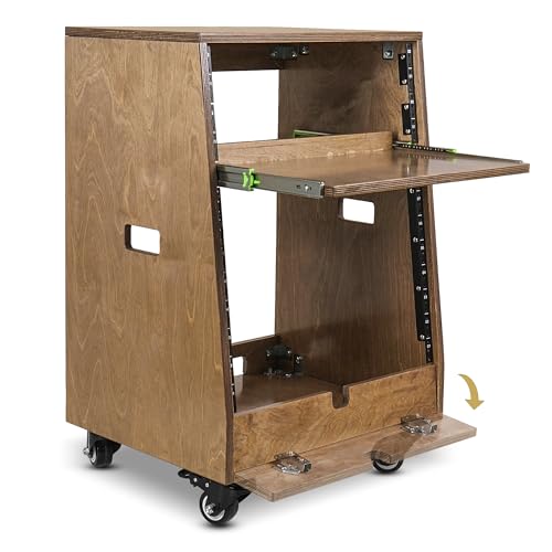 Sound Town DIY Slanted 12U Studio Rack (4U Top + 8U Lower), with 2U Bottom Storage, Slide-Out Tray, Caster, Plywood, Weathered Brown for Recording Room, Home Studio (SDRK-ST12TB) - size: 12U(4U Top + 8U Lower),Weathered Brown