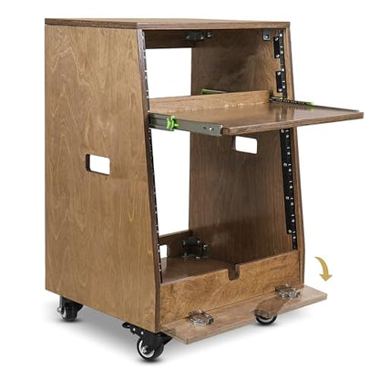 Sound Town DIY Slanted 12U Studio Rack (4U Top + 8U Lower), with 2U Bottom Storage, Slide-Out Tray, Caster, Plywood, Weathered Brown for Recording Room, Home Studio (SDRK-ST12TB) - size: 12U(4U Top + 8U Lower),Weathered Brown