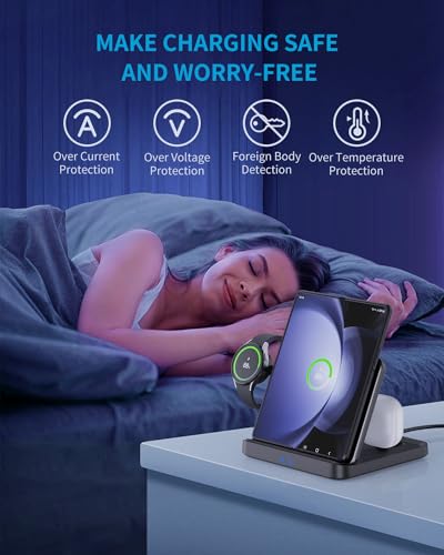 3 in 1 Foldable Wireless Charging Station for Galaxy Z Fold &Z Flip | 3-in-1 foldable fast charging dock compatible with Galaxy Z Fold 7,6,5,4, Flip6,5,Watch6,6 Classic,Galaxy Buds 2,Pro,Live