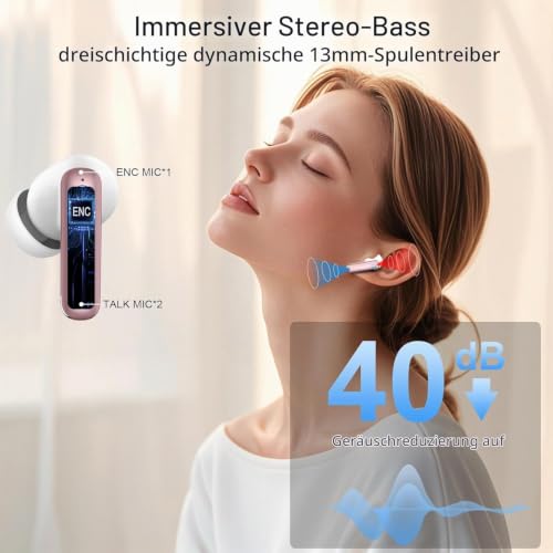Wireless Earbuds, Bluetooth 5.4 Headphones, in-Ear Earphones with 4 ENC Mics Deep Bass Stereo, 40H Playtime LED Display Mini Charging Case Ear Buds, IP7 Waterproof Wireless Headphones for Android iOS - color: Pink Gold