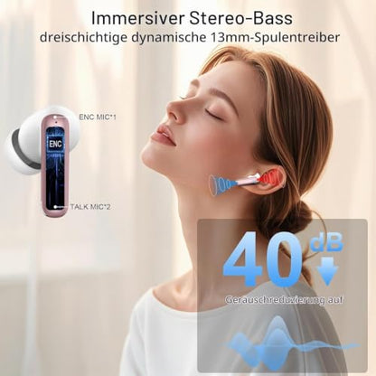 Wireless Earbuds, Bluetooth 5.4 Headphones, in-Ear Earphones with 4 ENC Mics Deep Bass Stereo, 40H Playtime LED Display Mini Charging Case Ear Buds, IP7 Waterproof Wireless Headphones for Android iOS - color: Rose Gold