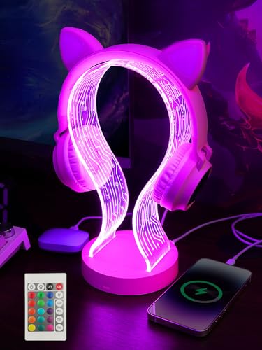 YuanDian Pink Headphone Stand, with 1 USB Charging Port and 1 Type-C Charging Ports, Desk Gaming Headset Holder, 16 Changing Colors with Remote, Gift for Gamers Girl and Music Lovers - color: pink