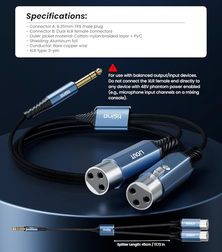 Tisino Dual XLR Female to 1/4" TRS Y-Splitter Stereo Breakout Cable, 3.3ft - size: 1m/3.3feet, style: 1/4" TRS to 2 XLR Female