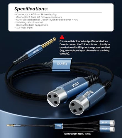 Tisino Dual XLR Female to 1/4" TRS Y-Splitter Stereo Breakout Cable, 3.3ft - size: 1m/3.3feet, style: 1/4" TRS to 2 XLR Female