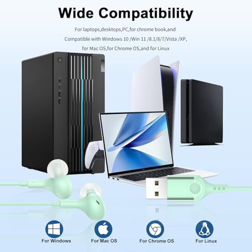 USB Earbuds with Microphone for PC Laptop,Wired USBA Headset,Green | in Ear Buds Noise Isolating Light Laptop Earphones,Headphones with Mic for Dell HP Computer PC Office Zoom Work Gaming School - color: Green