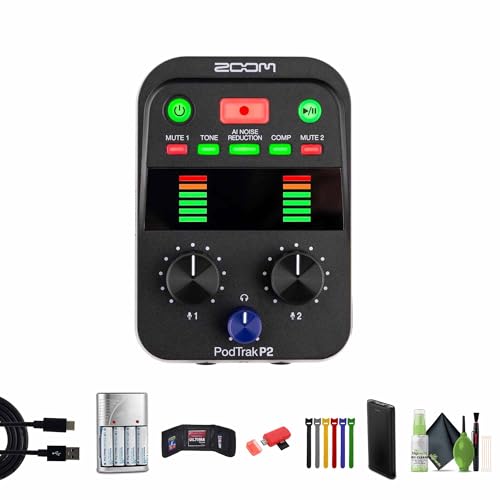 Zoom PodTrak P2 Podcast Recorder Bundle | For Podcasting & Interviews | AI Noise Reduction | 2 USB Mic Inputs | 2 Headphone Outputs + 64GB Memory Card