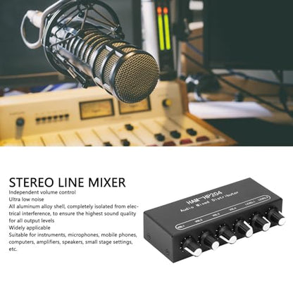 2 in 4 Out Stereo Mixer Distributor, 18 in Stereo Audio HiFi Audio Mixer, Independent Control, for PC Microphone Guitar Electronic Keyboard Speaker DC 5V to 19V.