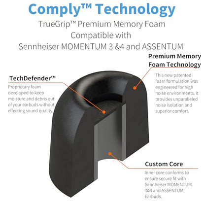 Comply TrueGrip Premium Memory Foam Replacement Ear Tips, Black, Medium | 3 Pairs, for Sennheiser Momentum 3, 4, ACCENTUM, Enhanced Comfort, Secure Fit, Superior Noise Isolation, Cleaning Tool - size: Medium