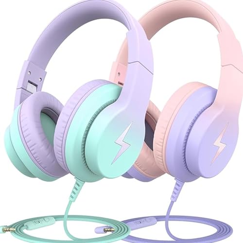 Candy Bila 2 Pack Wired Kids Headphones with Microphone, 85dB Safe Volume | Volume Limiter 85/94dB, HD Stereo Sound, Microphone and Wired Control, Foldable Design - color: Gradient Pink, Gradient Purple