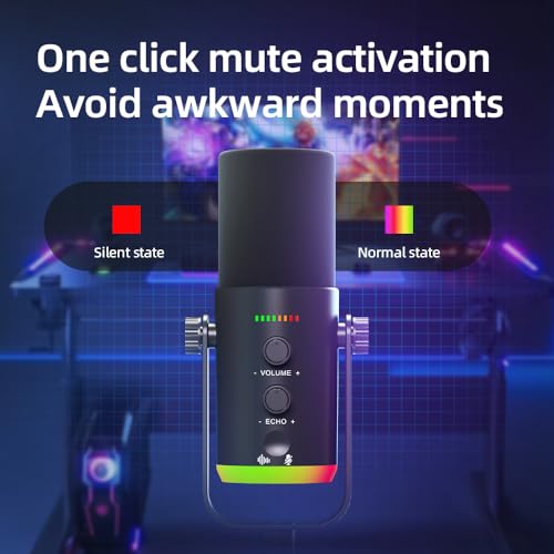 USB/XLR Desktop Dynamic Microphone with RGB Lighting, Noise Reduction, Mute Button & Headphone Jack - Podcast, Gaming, Streaming Mic for PC & Computer (Black) - color: Black