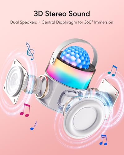 Karaoke Machine with Disco LED Lights, Mini Portable Bluetooth Speaker with 2 Wireless Microphones for Kids Adults, Birthday Gifts for Girls Boys Family Parties Travel (White) - color: White