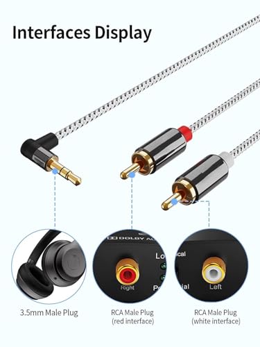 3.5mm to R-CA Cable, Angle 3.5mm Male to 2R-CA Male Auxiliary Stereo Audio Y Splitter Gold-Plated for Smartphones, MP3, Tablets, Speakers, Home Theater, HDTV, 6FT/1.8M - size: 6 Feet, style: 3.5mm Angled
