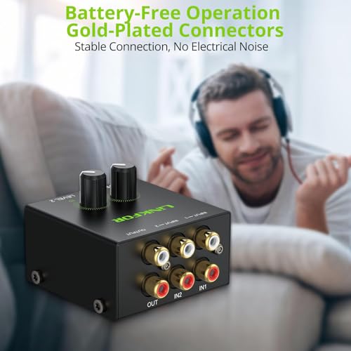 LiNKFOR 2 Channel Mixer Mini Stereo Mixer,RCA Stereo Audio Mixer | Suitable for TV, computers, game consoles and CD players and all devices with standard RCA interfaces