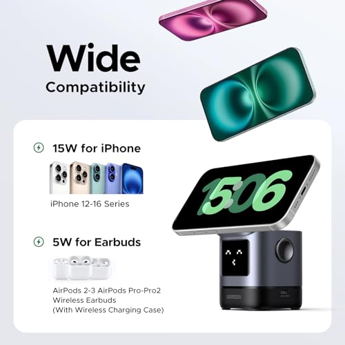 UGREEN Uno Qi2 15W 2-in-1 Foldable Wireless Charger Stand | Qi2 Certified, Adjustable Viewing, Wireless Charger for iPhone 17/16/15/14/13/12 series and AirPods 2/3/Pro, No Adapter