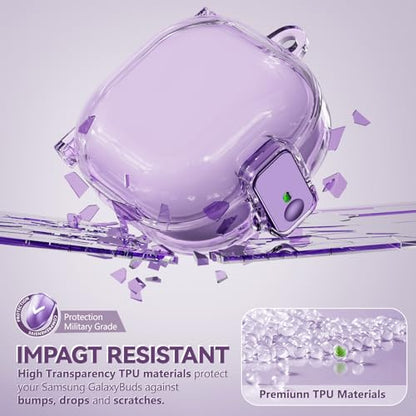 Inesore Case for Samsung Galaxy Buds FE/Buds 2/Pro/Live (Purple) | Safety Lock Design Prevents Loss, Clear Anti-Yellow PC Shell, 3-in-1 Cleaning Tool, Metal Clasp, Silicone Lanyard - color: A1-Purple