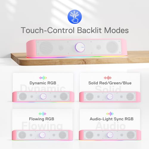 Redragon GS560 RGB Desktop Soundbar, Dynamic Lighting Bar with Audio Sync | 2.0 Stereo Enhanced Auido Quality, Touch-Control Backlit, Volume Knob, Plug & Play USB Powered Computer Speaker - color: Pink
