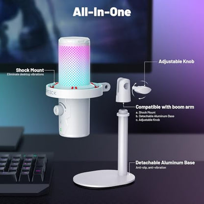 CMTECK USB 마이크, 스튜디오 품질, PC/노트북용 맞춤형 RGB 조명 | LED로 빠른 음소거, 플러그 앤 플레이, 노이즈 캔슬링. 3.5mm 제로 레이턴시 잭 및 게인. 팟캐스트, 스트리밍용 - color: 화이트.
