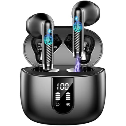 Drsaec Wireless Earbuds, Bluetooth Headphones Stereo Bass Ear Buds with ENC Noise Cancelling Mics, Earbuds with LED Display Charging Case, IP7 Waterproof Earphones for Android iOS - color: Light black