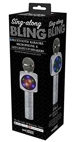 Sing-Along Bling Bluetooth Karaoke Microphone with LED for Karaoke Speaker | Rechargeable Bedazzled Microphone, Wireless Karaoke Microphone with LED Lights, SD Card Slot, Skip Tracks - Confetti Bling - color: Silver Bling