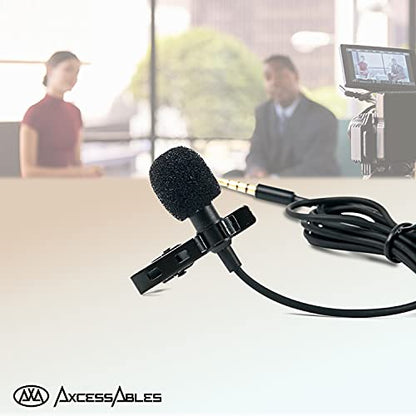 AxcessAbles Lavalier Microphone with 3.5mm TRRS Cable & TRS Adapter – Omnidirectional Clip On Lapel Mic for iPhone Android Camera Laptop – Wired Condenser Microphone for YouTube Podcast Interview