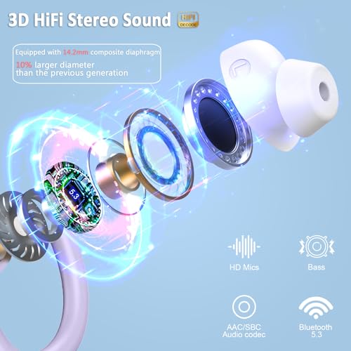 Wireless Earbuds Sport, 2025 Bluetooth 5.3 Headphones Bass Hi-Fi Stereo Over Ear Buds, 48Hrs Noise Cancelling Headset with Earhook, IP7 Waterproof Earphones Workout Running for Laptop Pad Android iOS - color: Purple