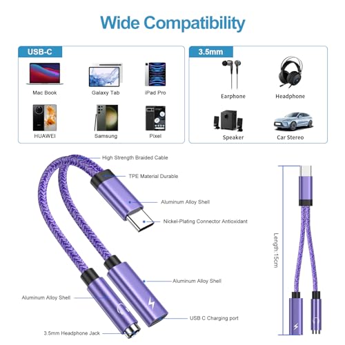 USB C to 3.5mm Audio Headphone & Android Phone Charger Adapter, 2-in-1 Type | C to Aux Earphone Jack Dongle Cable & 60W Fast Charging for Samsung Galaxy S26 A17 A36 A54 A34 S24 S23 Ultra S22 S21 fe S20