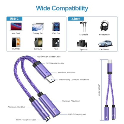 USB C to 3.5mm Audio Headphone & Android Phone Charger Adapter, 2-in-1 Type | C to Aux Earphone Jack Dongle Cable & 60W Fast Charging for Samsung Galaxy S26 A17 A36 A54 A34 S24 S23 Ultra S22 S21 fe S20