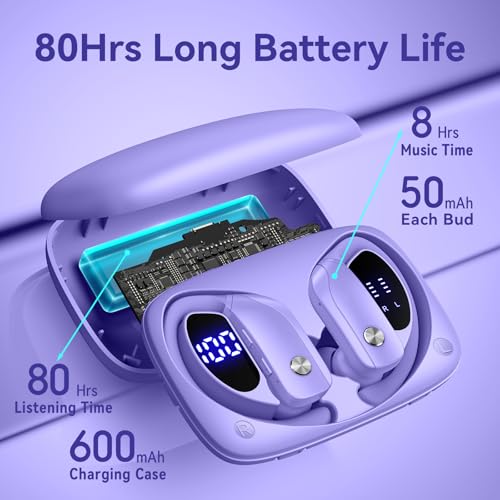 bmani Ear Buds Wireless Earbuds Bluetooth Headphones with 80H Playtime LED Display Case, Over-Ear Hook with Mic, Stereo Sound, Easy Button Controls, Sports Earphones for Running Workout Gym Purple - color: Purple, style: Standard