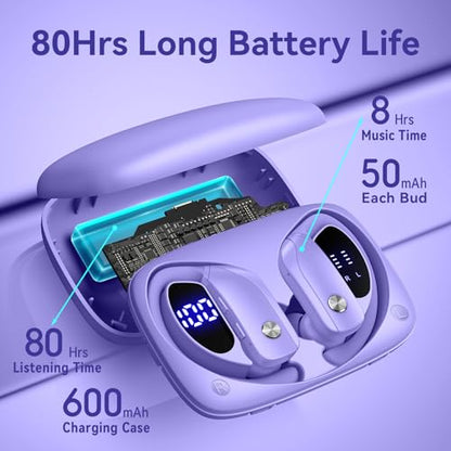 bmani Ear Buds Wireless Earbuds Bluetooth Headphones with 80H Playtime LED Display Case, Over-Ear Hook with Mic, Stereo Sound, Easy Button Controls, Sports Earphones for Running Workout Gym Purple - color: Purple, style: Standard