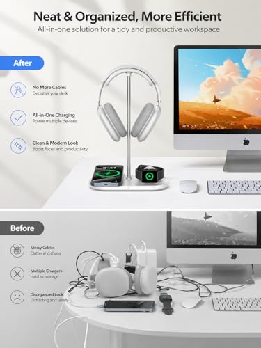 4 in 1 Headphone Stand, Airpod Max Charger Stand with 15W Wireless Charger | Headset Holder for AirPods Max 2/Pro/iWatch/Vision Pro, Charging for iPhone 17/16/15/14/13/12/11/X, Aluminum Alloy Rod, White - color: Cream White