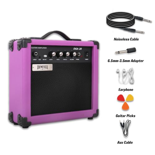 Purple Electric Guitar Amplifier Portable Practice Guitar Amp Drive Gain Bass Treble Full Accessories with Noiseless Cable Picks Adapater Earphones Aux Cable in (Purple, 20W) - color: Purple