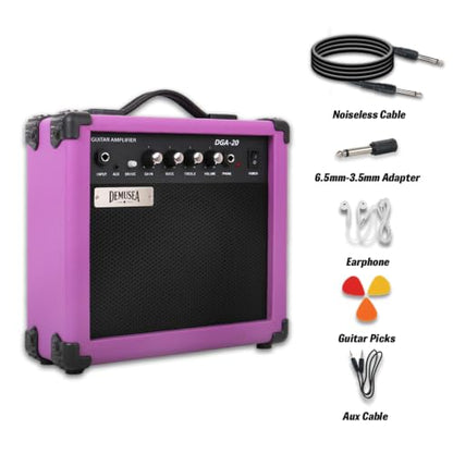 Purple Electric Guitar Amplifier Portable Practice Guitar Amp Drive Gain Bass Treble Full Accessories with Noiseless Cable Picks Adapater Earphones Aux Cable in (Purple, 20W) - color: Purple