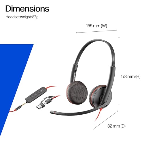 Poly Blackwire 3225 Wired Headset (Plantronics) - Noise-Canceling Mic – Stereo Design - Connect to PC/Mac/Mobile via USB-C, USB-A, or 3.5mm - Works w/Teams, Zoom - Amazon Exclusive - style: 2023 Version (USB-C & USB-A)