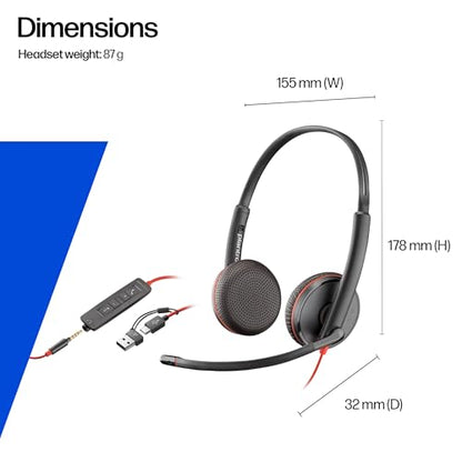 Poly Blackwire 3225 Wired Headset (Plantronics) - Noise-Canceling Mic – Stereo Design - Connect to PC/Mac/Mobile via USB-C, USB-A, or 3.5mm - Works w/Teams, Zoom - Amazon Exclusive - style: 2023 Version (USB-C & USB-A)