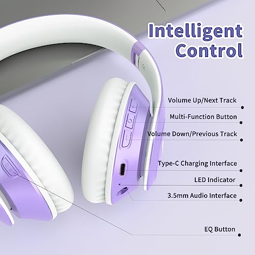Uliptz Bluetooth Headphones Over Ear, Wireless HiFi Stereo Foldable Headset | 65H Playtime, Bluetooth 6.0, 6 EQ Modes, Built-in Mic, Deep Bass Stereo, Lightweight Design for Home, Office, Travel & PC - color: Purple