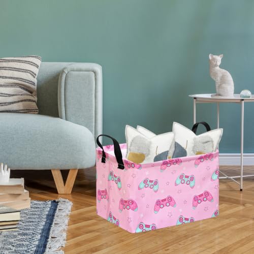 MAIZMZ Girls Storage Basket,Pink Controller Print Kids Hamper,Waterproof Lining, Leather Handles, Collapsible for Gamer Girls, Toys, Clothes, Gift Basket - color: Pink Handle