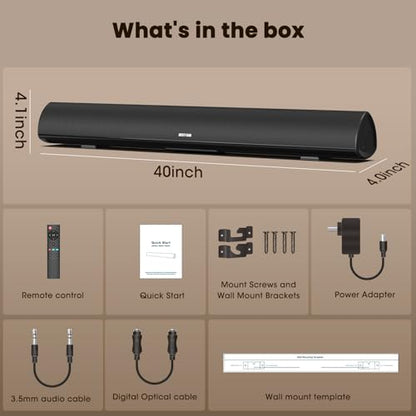 BESTISAN 100 Watt 40 Inch TV Sound Bar, Home Theater System Wired and Wireless Soundbar Speaker(Bluetooth 5.0, 105dB, Dsp Audio, Bass Adjustable, Wall Mountable) - color: 40 inch black