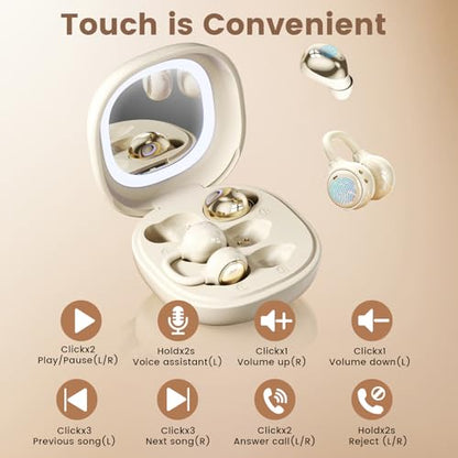 Wireless Clip-On Open Earbuds, Butterfly Earring Bluetooth Headphones with Heart-Shaped Charging Case & Makeup Mirror, 42H Playtime, Lightweight Earphones for Women, Sports, Gifts - color: Beige