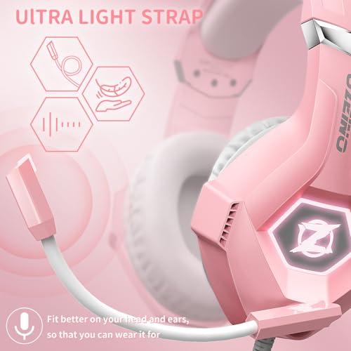 Ozeino Gaming Headset for PC, Ps4, Ps5, Xbox Headset with 7.1 Surround Sound, Gaming Headphones with Noise Cancelling Mic RGB Light Over Ear Headphones for Xbox Series X/S, Switch-Pink - color: Pink