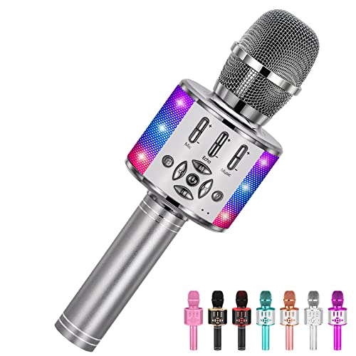 Amazmic Kids Karaoke Microphone Machine Toy, Bluetooth Portable Wireless Handheld Microphone with LED Lights, Gift for Children & Adults for Birthday Party, Home KTV (Gray) - color: Gray