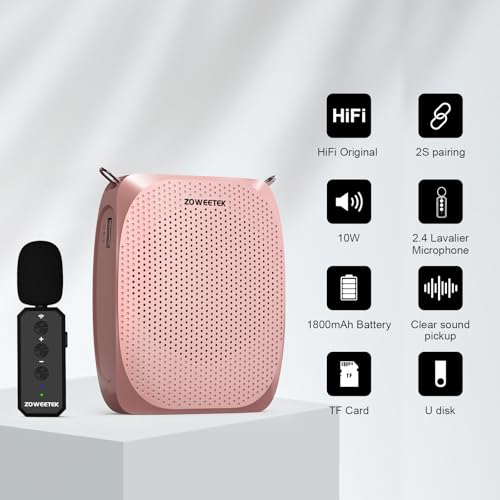 ZOWEETEK Wireless Voice Amplifier with Lavalier Mic for Teachers | Lapel Clip Mic, Portable Speaker, Mini Design, for Speech, Meeting, Yoga, Classroom, Rechargeable - color: Rose gold