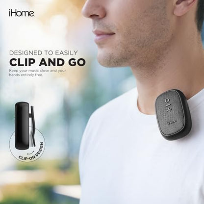 iHome Nano Clip-On Wireless Bluetooth Speaker with Magnetic Clip | Bluetooth 5.3, IPX6 Water-Resistant, Touch Controls, 5W, 2.5-hr Playtime, Charging Cable Included, Rechargeable Battery - color: Black