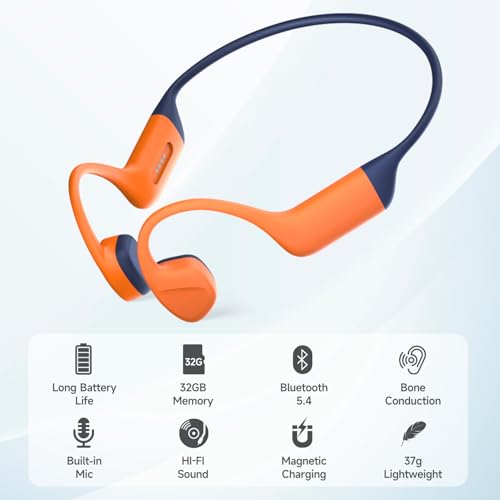 Bone Conduction Headphones Swimming-IPX8 Waterproof Open-Ear Swimming Headphones,Bone Conduction Bluetooth 5.4 Wireless Earphones for Workouts and Running,Built-in Mic & 32GB MP3 Player - color: Orange