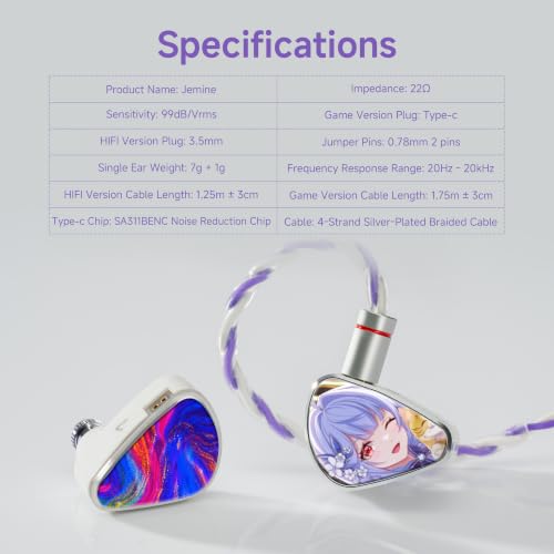 CVJ Jemine IEM Wired Gaming Earbuds, Deep Bass in Ear Monitors with Mic | 1DD+1BA Hybrid Driver, Volume Control, 3.5mm jack, 0.78mm 2 Pins,Detachable 4.1ft Cable for PC/Laptop/Xbox/PS5/Switch 2 - color: Jemine Character, style: with Mic