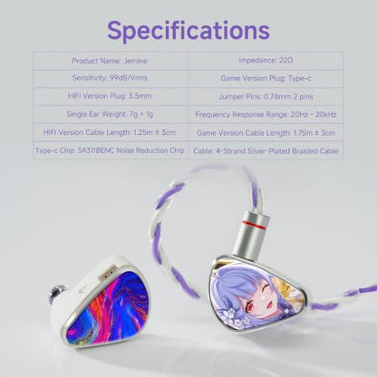CVJ Jemine Wired IEM Earbuds for Gaming/Music, Deep Bass in Ear Monitors | Anime Ear Buds, 1DD+1BA Hybrid Driver, 3.5mm jack, Detachable 4.1ft Cable for PC/Phone/Laptop/Switch/Xbox/Ps5, No Mic - color: Jemine Character, style: no Mic