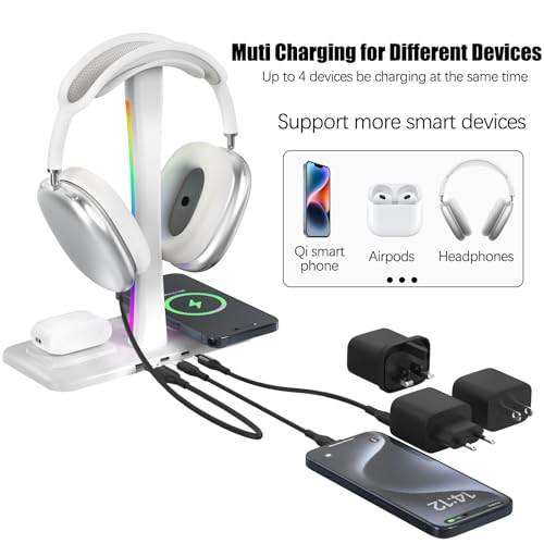Headphone Stand with Wireless Charger,Gaming Headset Stand with RGB Light Mode,for iPhone17/16/15/14,Gifts for Gamers & Music Lover (White) - color: White
