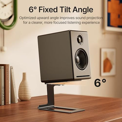 Desktop Speaker Stands, Adjustable Depth 5.5″–7.5″, 1 Pair | 17.6lbs Capacity Each, with Vibration Absorption Pads, Cantilevered Stand for Small & Medium Bookshelf Speakers, Black
