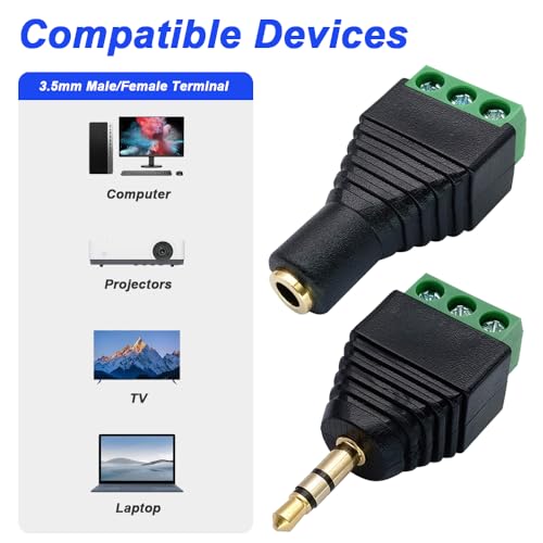 3.5mm Screw Terminal Gold Plated, 1/8" TRS Male to 3 Pin Screw Terminal with 1/8" TRS Female to 3 Pin Screw Terminal, Balun Solderless Converter with Screwdriver - color: 3Pin