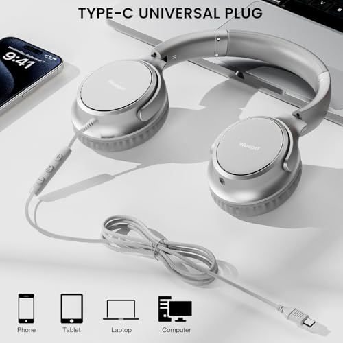 USB C Wired Over-Ear Headphones with Microphone | Volume Control, Share Port, Adjustable Headband Foldable Stereo Headset for Adult/Teens for iPhone 16, Laptop, Gaming, Travel - color: Silver